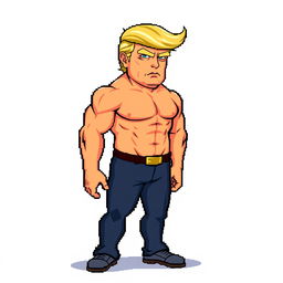 A male character resembling Donald Trump, featuring a muscular build and exaggerated features, such as a notably big head