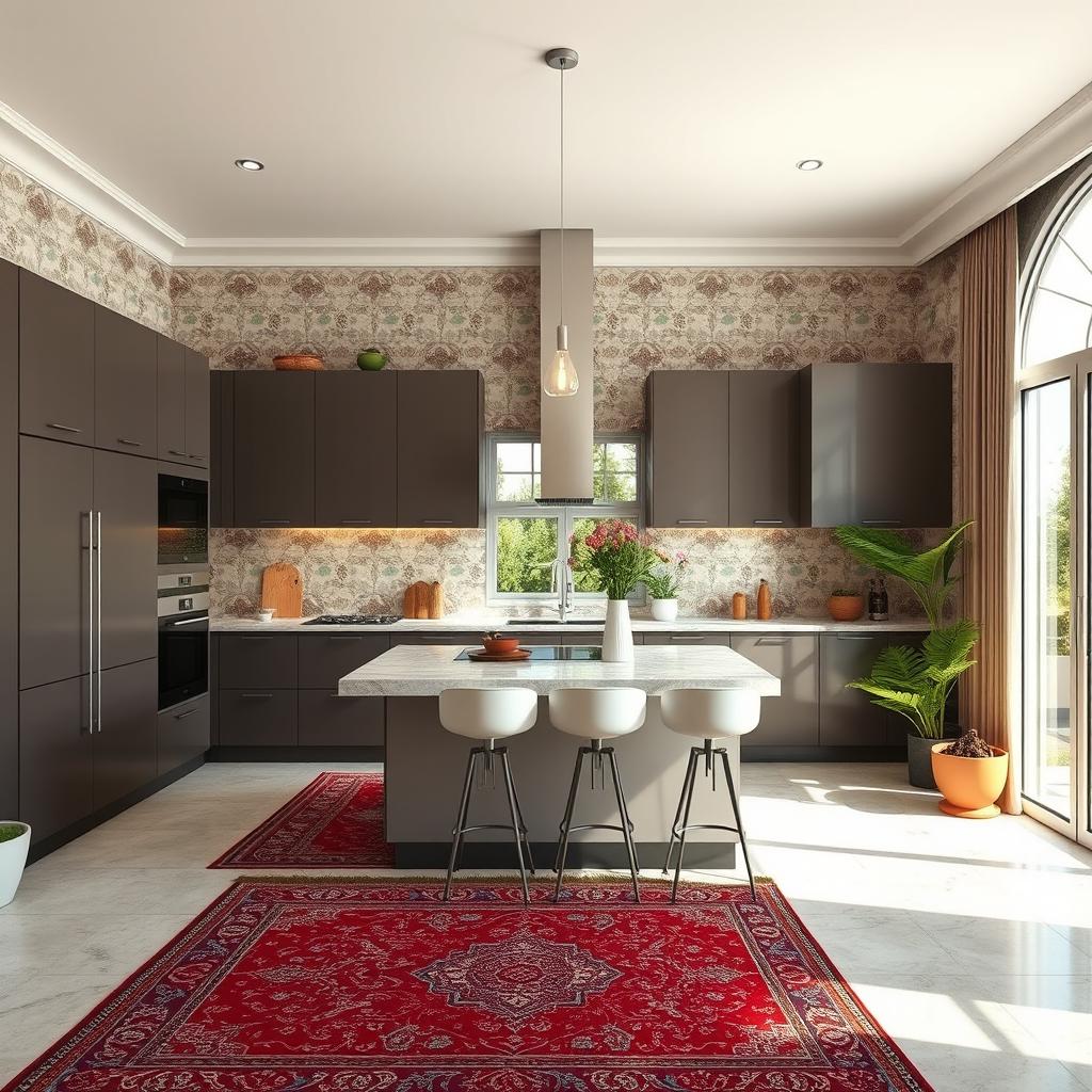 A beautifully designed Iranian modern kitchen interior featuring sleek cabinetry, an elegant island with bar stools, contemporary appliances, and rich Persian rugs on the floor