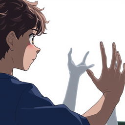 A young anime boy with curly hair, staring intently at a blank white screen in front of him
