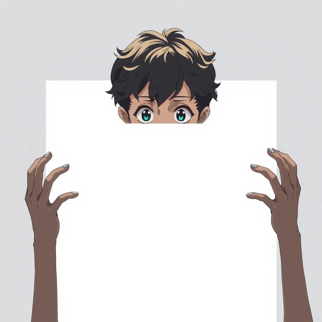 A young anime boy with curly hair, staring intently at a blank white screen in front of him