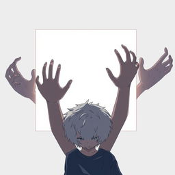 A young anime boy with curly hair, staring intently at a blank white screen in front of him