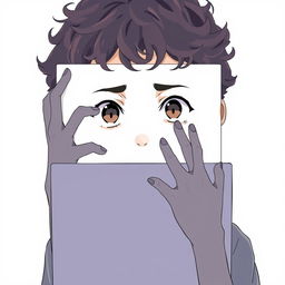 A young anime boy with curly hair, staring intently at a blank white screen in front of him