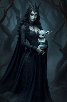 A dark queen with an elegant and intimidating presence, wearing a flowing black gown adorned with intricate silver embroidery