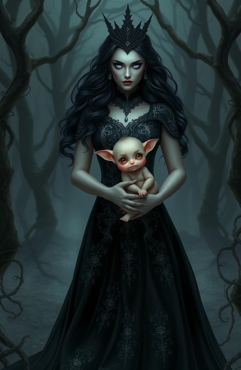 A dark queen with an elegant and intimidating presence, wearing a flowing black gown adorned with intricate silver embroidery