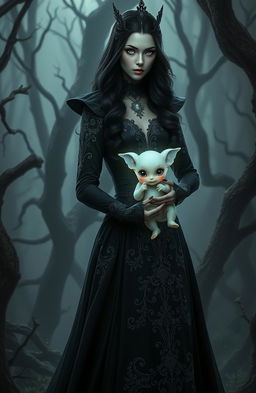 A dark queen with an elegant and intimidating presence, wearing a flowing black gown adorned with intricate silver embroidery