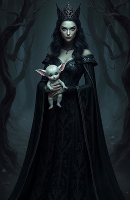 A dark queen with an elegant and intimidating presence, wearing a flowing black gown adorned with intricate silver embroidery