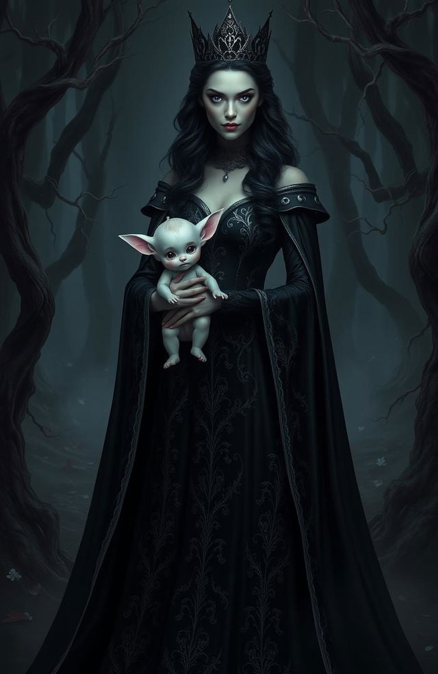 A dark queen with an elegant and intimidating presence, wearing a flowing black gown adorned with intricate silver embroidery