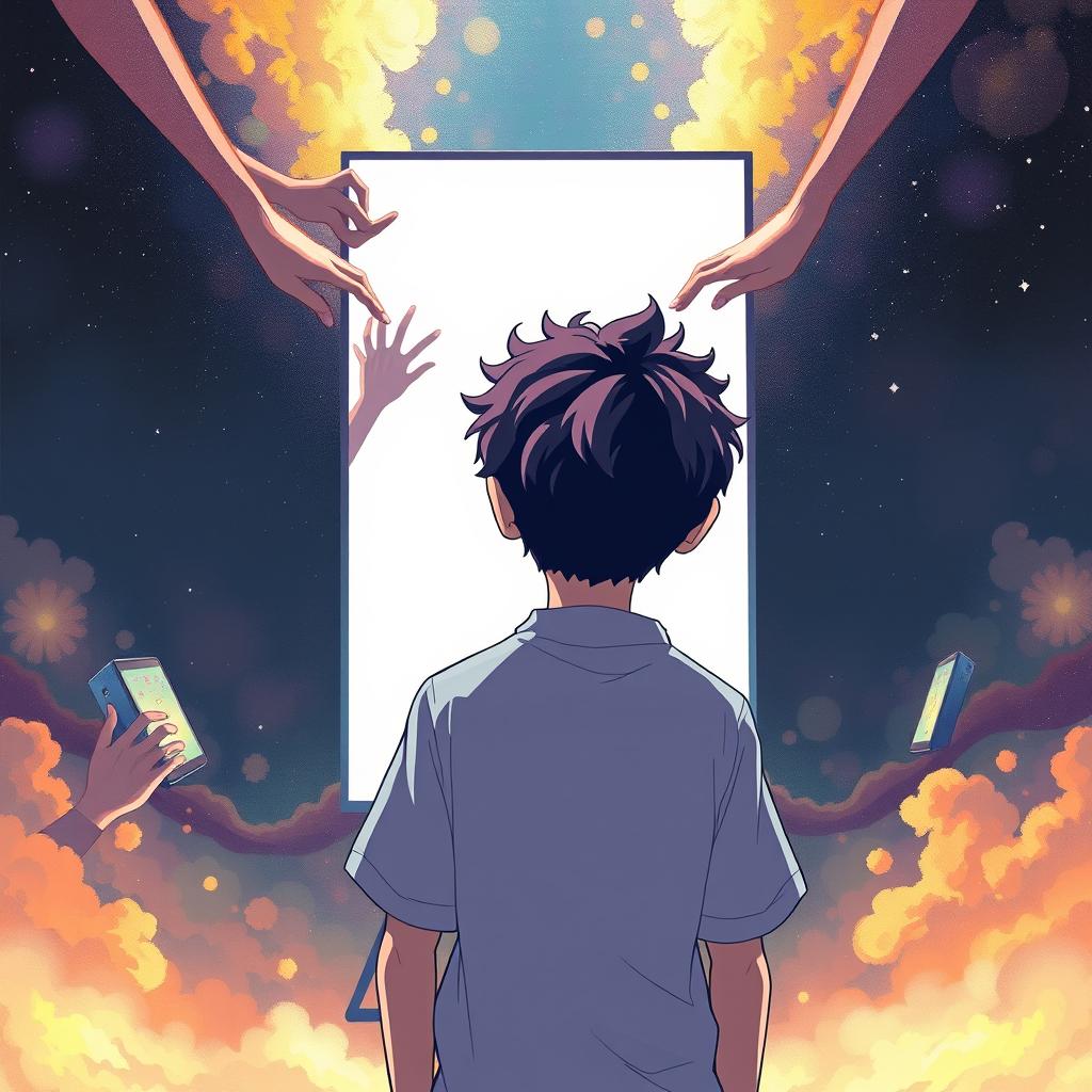 An anime style boy with curly hair standing with his back to the viewer, looking at a large white screen in front of him