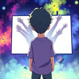 An anime style boy with curly hair standing with his back to the viewer, looking at a large white screen in front of him