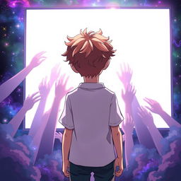 An anime style boy with curly hair standing with his back to the viewer, looking at a large white screen in front of him