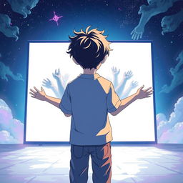 An anime style boy with curly hair standing with his back to the viewer, looking at a large white screen in front of him