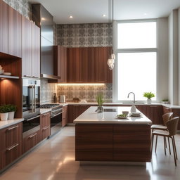 A modern Iranian kitchen featuring sleek design elements, a combination of rich wood cabinetry and contemporary metal accents, a spacious island with elegant countertops, and innovative appliances