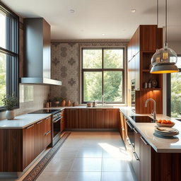 A modern Iranian kitchen featuring sleek design elements, a combination of rich wood cabinetry and contemporary metal accents, a spacious island with elegant countertops, and innovative appliances
