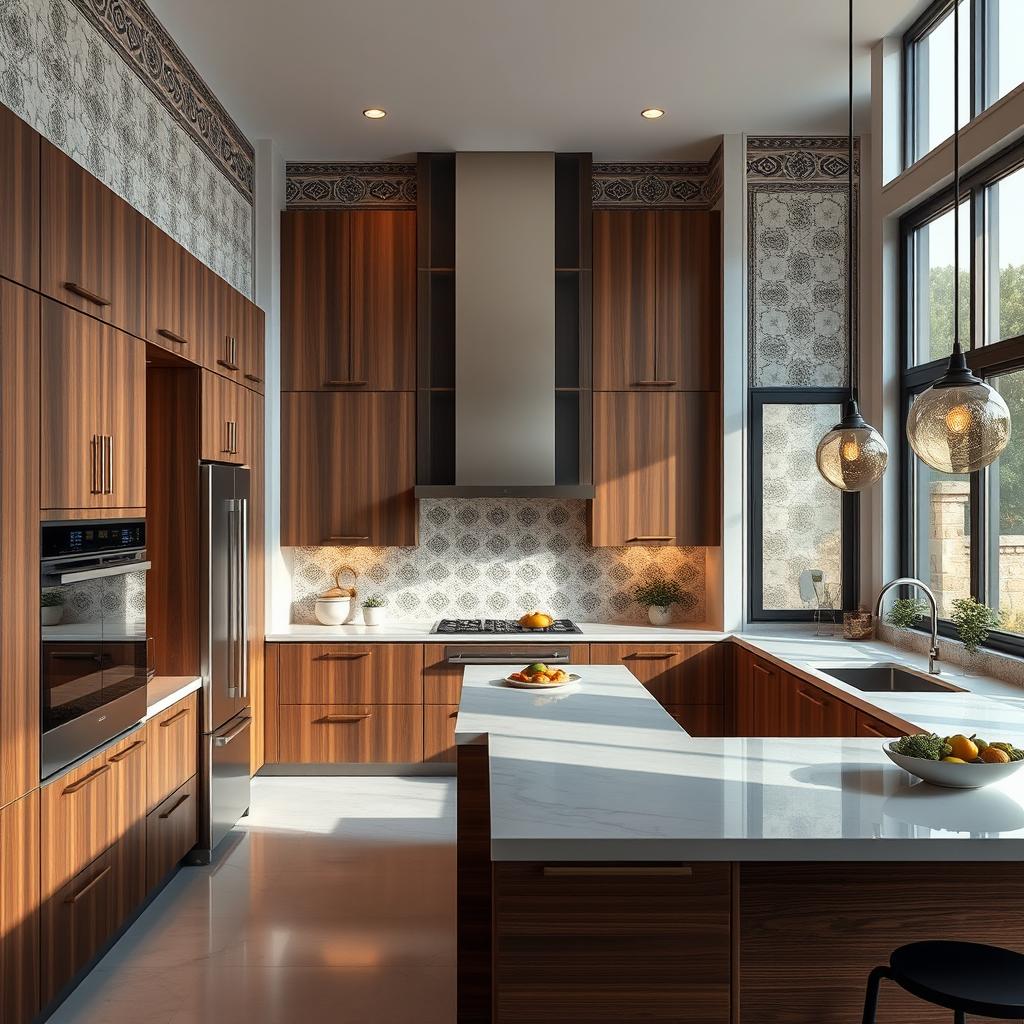 A modern Iranian kitchen featuring sleek design elements, a combination of rich wood cabinetry and contemporary metal accents, a spacious island with elegant countertops, and innovative appliances