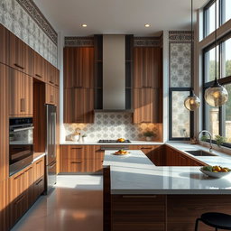 A modern Iranian kitchen featuring sleek design elements, a combination of rich wood cabinetry and contemporary metal accents, a spacious island with elegant countertops, and innovative appliances