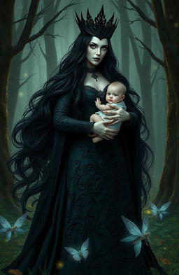 A powerful dark queen with long, flowing black hair and a majestic, intricate black gown, standing confidently in an enchanted forest