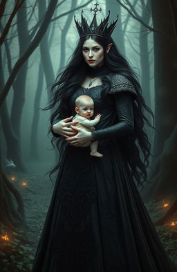 A powerful dark queen with long, flowing black hair and a majestic, intricate black gown, standing confidently in an enchanted forest