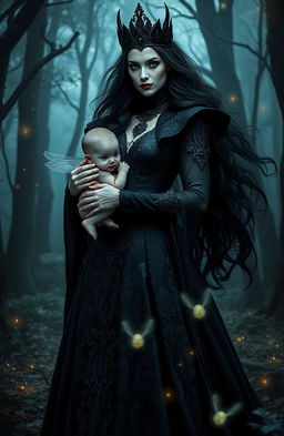 A powerful dark queen with long, flowing black hair and a majestic, intricate black gown, standing confidently in an enchanted forest