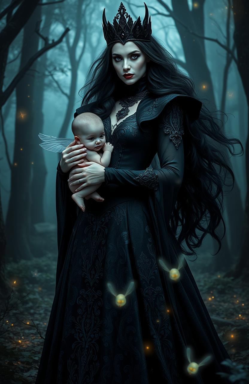 A powerful dark queen with long, flowing black hair and a majestic, intricate black gown, standing confidently in an enchanted forest