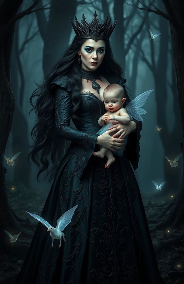 A powerful dark queen with long, flowing black hair and a majestic, intricate black gown, standing confidently in an enchanted forest