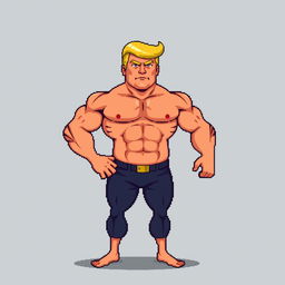 A male character resembling Donald Trump, featuring a muscular build and exaggerated features, such as a notably big head