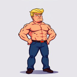 A male character resembling Donald Trump, featuring a muscular build and exaggerated features, such as a notably big head