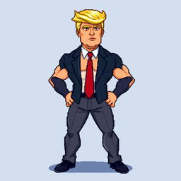 A male character resembling Donald Trump, featuring a muscular build and exaggerated features, such as a notably big head