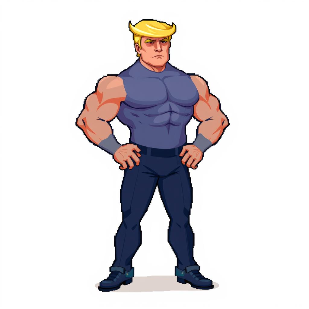 A male character resembling Donald Trump, featuring a muscular build and exaggerated features, such as a notably big head