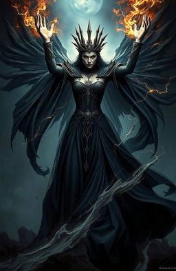 A dark queen emanating powerful energy, surrounded by swirling shadows and bursts of dark magic