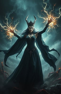 A dark queen emanating powerful energy, surrounded by swirling shadows and bursts of dark magic