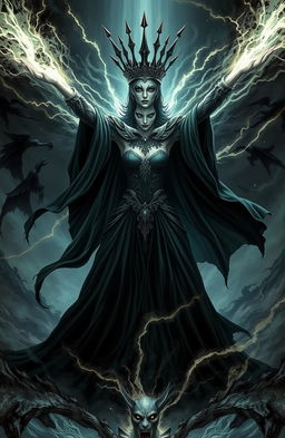 A dark queen emanating powerful energy, surrounded by swirling shadows and bursts of dark magic