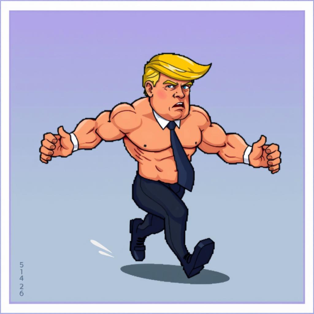 A male character resembling Donald Trump, featuring a muscular build and exaggerated features, such as a notably big head
