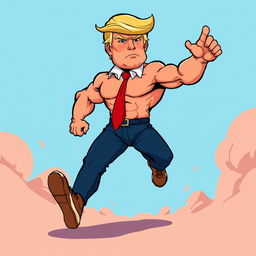 A male character resembling Donald Trump, featuring a muscular build and exaggerated features, such as a notably big head