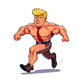 A male character resembling Donald Trump, featuring a muscular build and exaggerated features, such as a notably big head