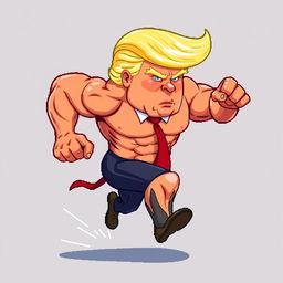 A male character resembling Donald Trump, featuring a muscular build and exaggerated features, such as a notably big head