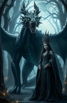 A powerful, massive black dragon with glimmering green eyes and shimmering scales, standing imposing beside a Dark Queen