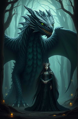 A powerful, massive black dragon with glimmering green eyes and shimmering scales, standing imposing beside a Dark Queen