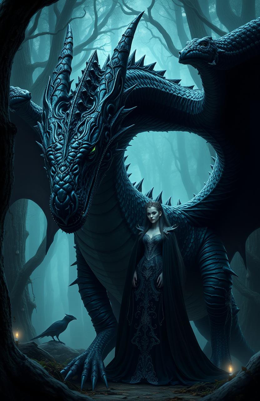 A powerful, massive black dragon with glimmering green eyes and shimmering scales, standing imposing beside a Dark Queen
