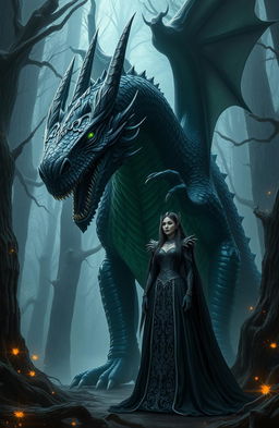 A powerful, massive black dragon with glimmering green eyes and shimmering scales, standing imposing beside a Dark Queen