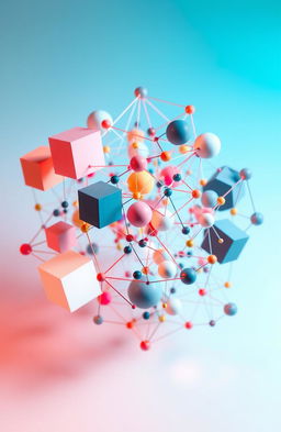 An intricate and visually captivating representation of discrete structures in mathematics, featuring a geometric arrangement of various abstract shapes like cubes, triangles, and spheres interconnected by colorful lines representing graphs
