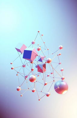 An intricate and visually captivating representation of discrete structures in mathematics, featuring a geometric arrangement of various abstract shapes like cubes, triangles, and spheres interconnected by colorful lines representing graphs