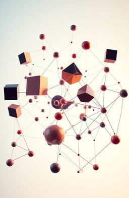 An intricate and visually captivating representation of discrete structures in mathematics, featuring a geometric arrangement of various abstract shapes like cubes, triangles, and spheres interconnected by colorful lines representing graphs