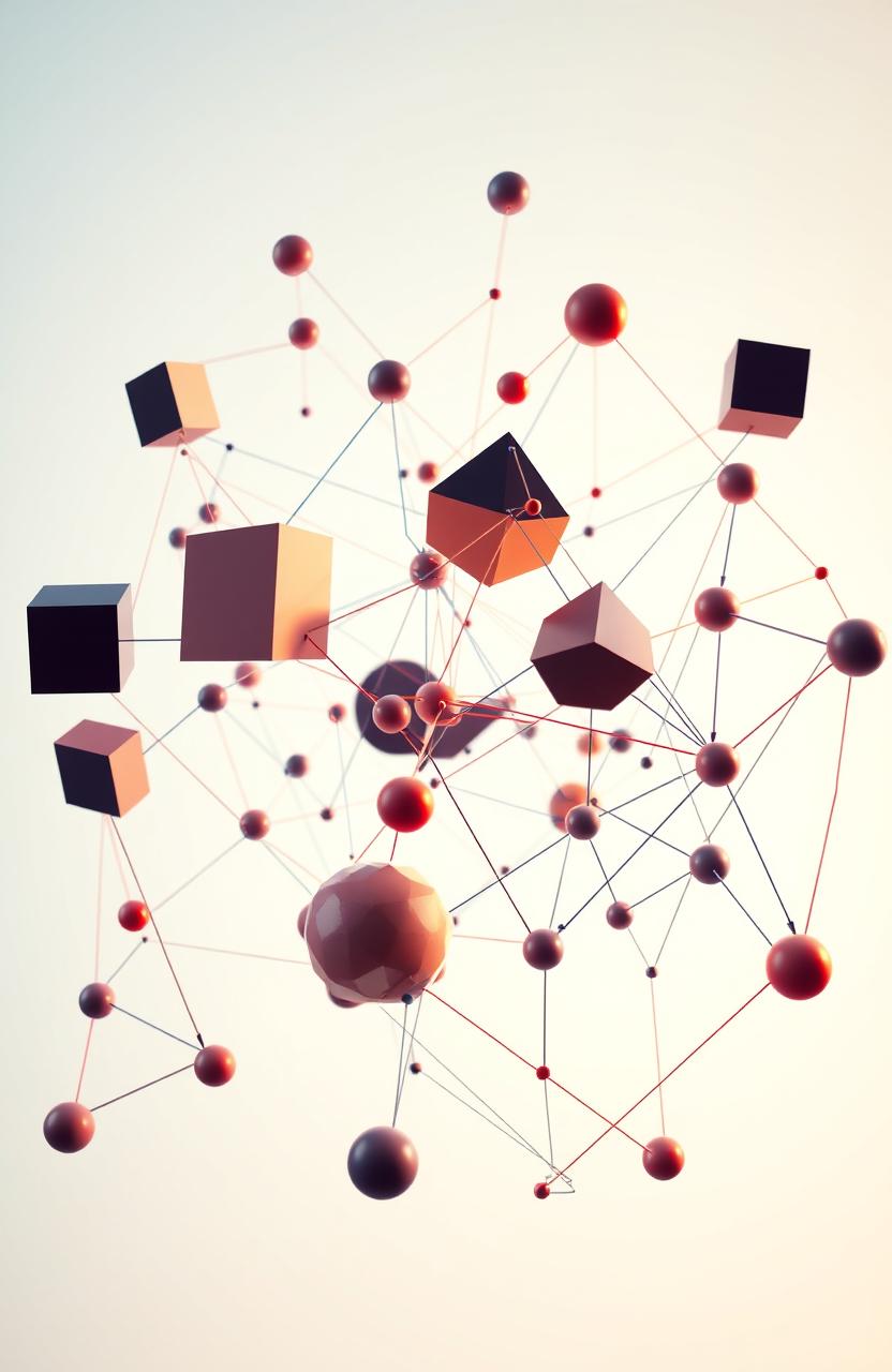 An intricate and visually captivating representation of discrete structures in mathematics, featuring a geometric arrangement of various abstract shapes like cubes, triangles, and spheres interconnected by colorful lines representing graphs