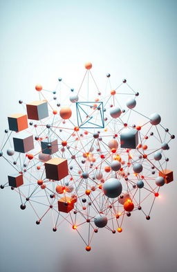 An intricate and visually captivating representation of discrete structures in mathematics, featuring a geometric arrangement of various abstract shapes like cubes, triangles, and spheres interconnected by colorful lines representing graphs