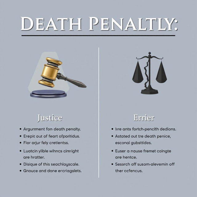 An argument poster titled "Death Penalty: Justice vs Error" featuring a balanced and neutral design