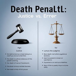 An argument poster titled "Death Penalty: Justice vs Error" featuring a balanced and neutral design