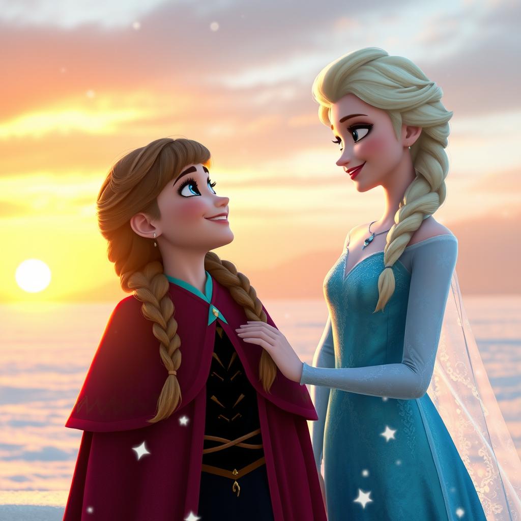 A warm and heartwarming scene of Anna looking at Elsa with a joyful expression as the sun begins to set, casting a golden hue over the winter landscape