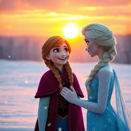 A warm and heartwarming scene of Anna looking at Elsa with a joyful expression as the sun begins to set, casting a golden hue over the winter landscape