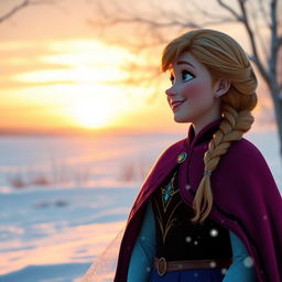 A warm and heartwarming scene of Anna looking at Elsa with a joyful expression as the sun begins to set, casting a golden hue over the winter landscape