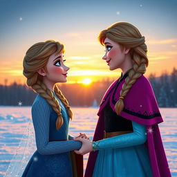 A warm and heartwarming scene of Anna looking at Elsa with a joyful expression as the sun begins to set, casting a golden hue over the winter landscape